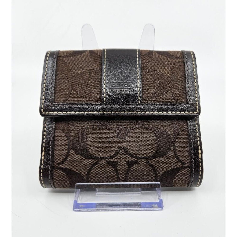 Coach Dark Chocolate Brown Signature Canvas Leather Tri-Fold Snap Wallet
